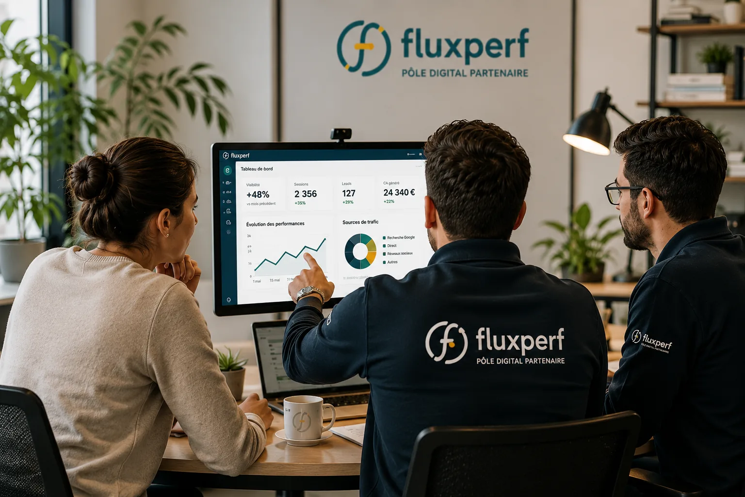 Consultant Fluxperf présentant un tableau de bord à une équipe cliente