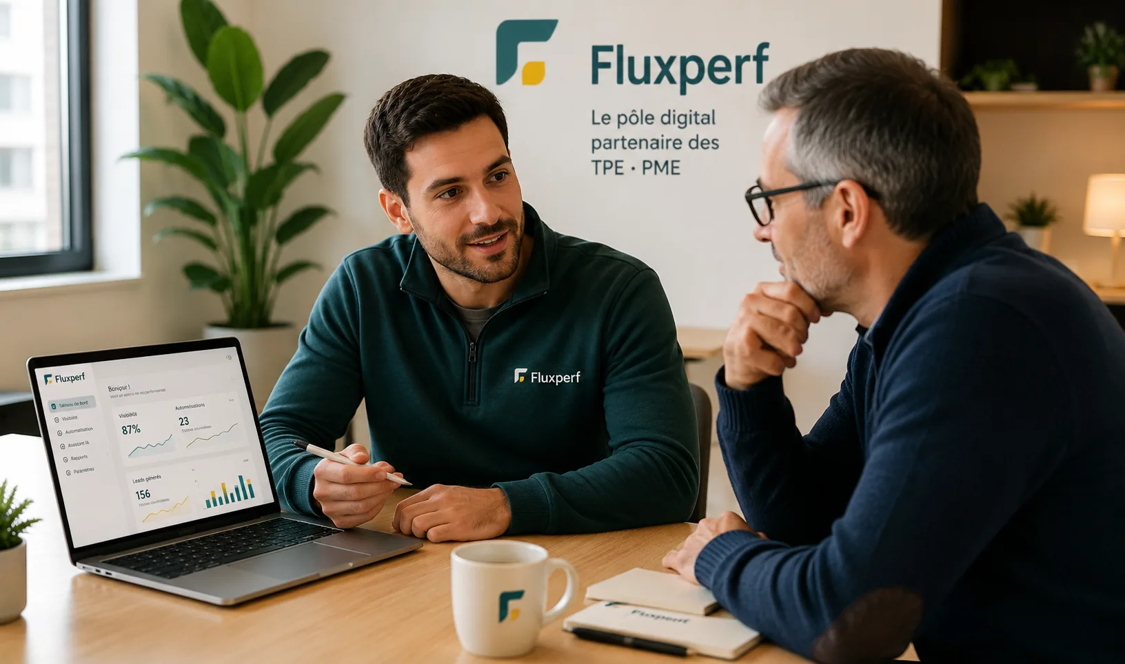 Consultant Fluxperf échangeant avec un dirigeant autour d’un tableau de bord digital